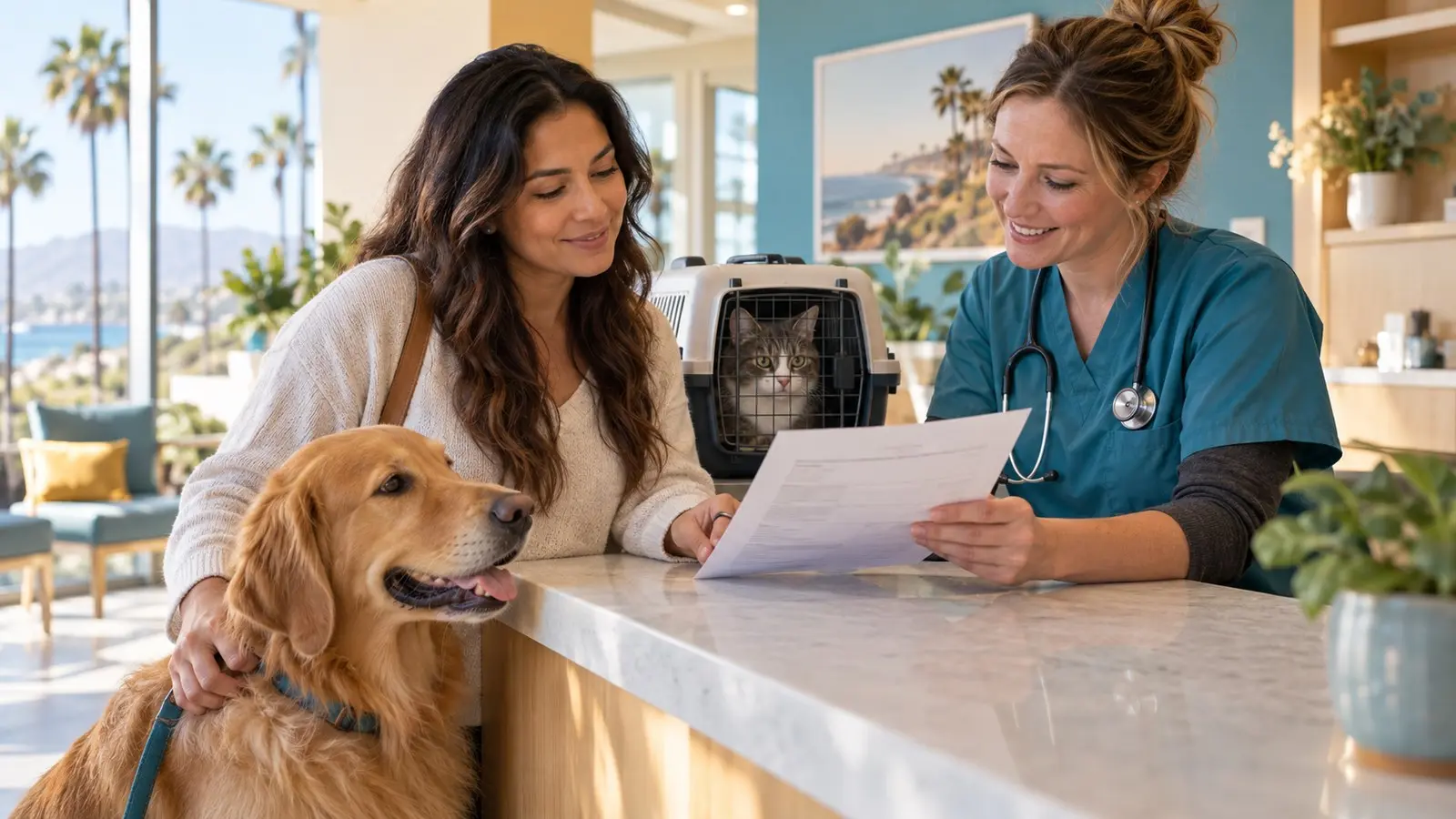 A pet parent reviewing veterinary costs beside a golden retriever and a cat in an Orange County clinic