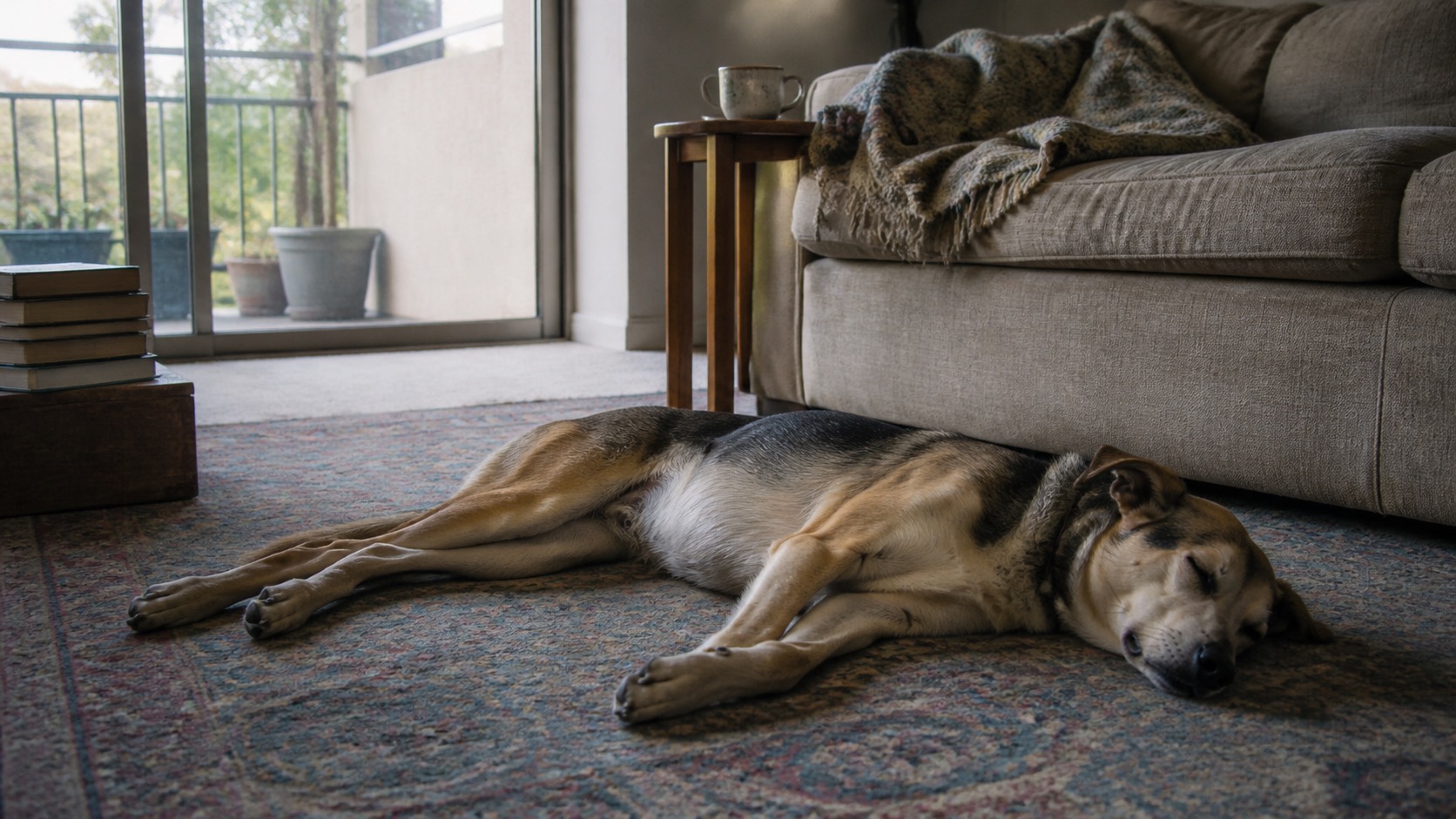 A mixed-breed dog asleep, stretched out on a patterned rug beside a couch in a lived-in apartment living room, daylight coming through a sliding balcony door