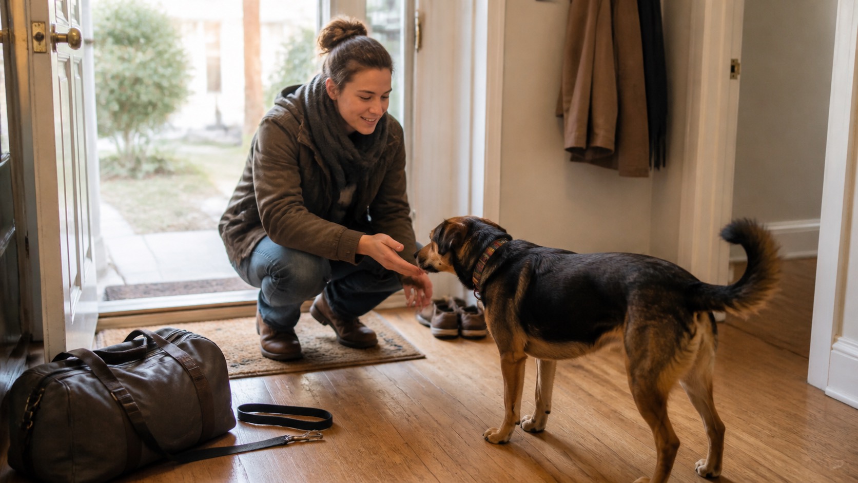 A person crouching in a lived-in entryway to greet a mixed-breed dog, an overnight bag and leash on the floor beside them