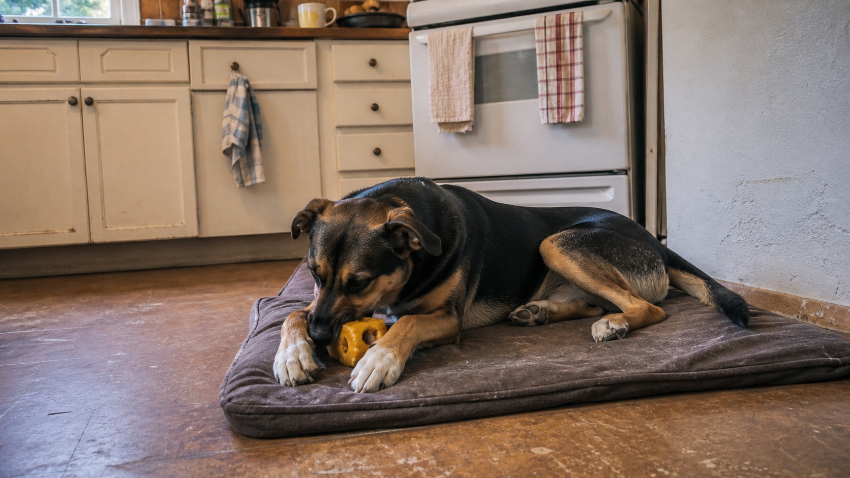 A black and tan mixed-breed dog lying on a grey mat in a lived-in kitchen, chewing a yellow rubber puzzle toy held between its front paws