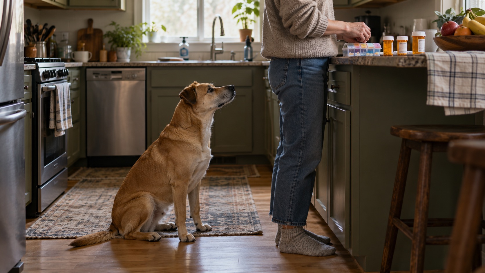 A tan mixed-breed dog sitting on a kitchen rug looking up at a person at the counter who is filling a weekly pill organizer beside three amber prescription bottles and a fruit bowl