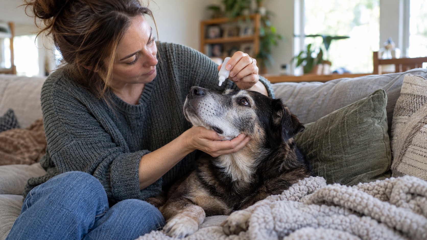 A woman on a living-room couch holding a gray-muzzled mixed-breed dog's chin while giving it eye drops, a knit blanket over the dog's legs