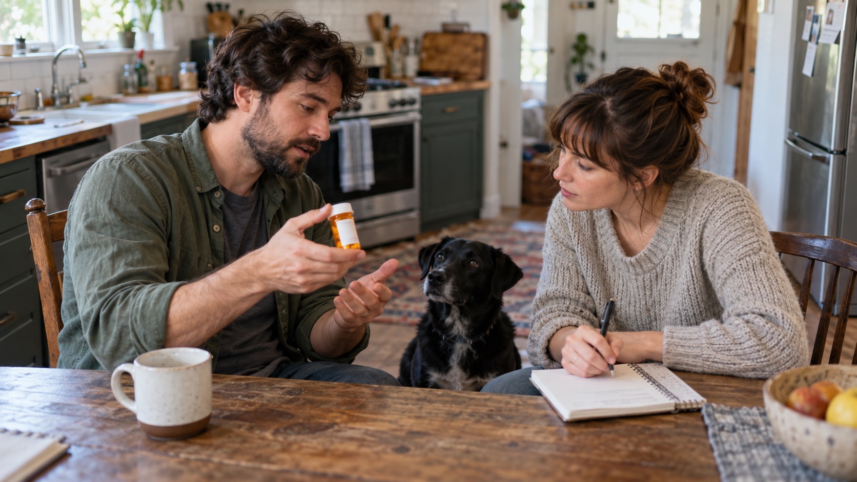 A man at a wooden kitchen table holding up an amber prescription bottle and explaining it to a woman taking notes in a spiral notebook, a black mixed-breed dog with a white chest sitting between them
