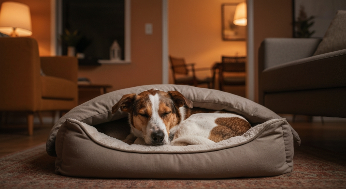 A rescue-mix dog curled up contentedly on a plush dog bed in a quiet warm home, calm and safe expression, soft light, peaceful and secure