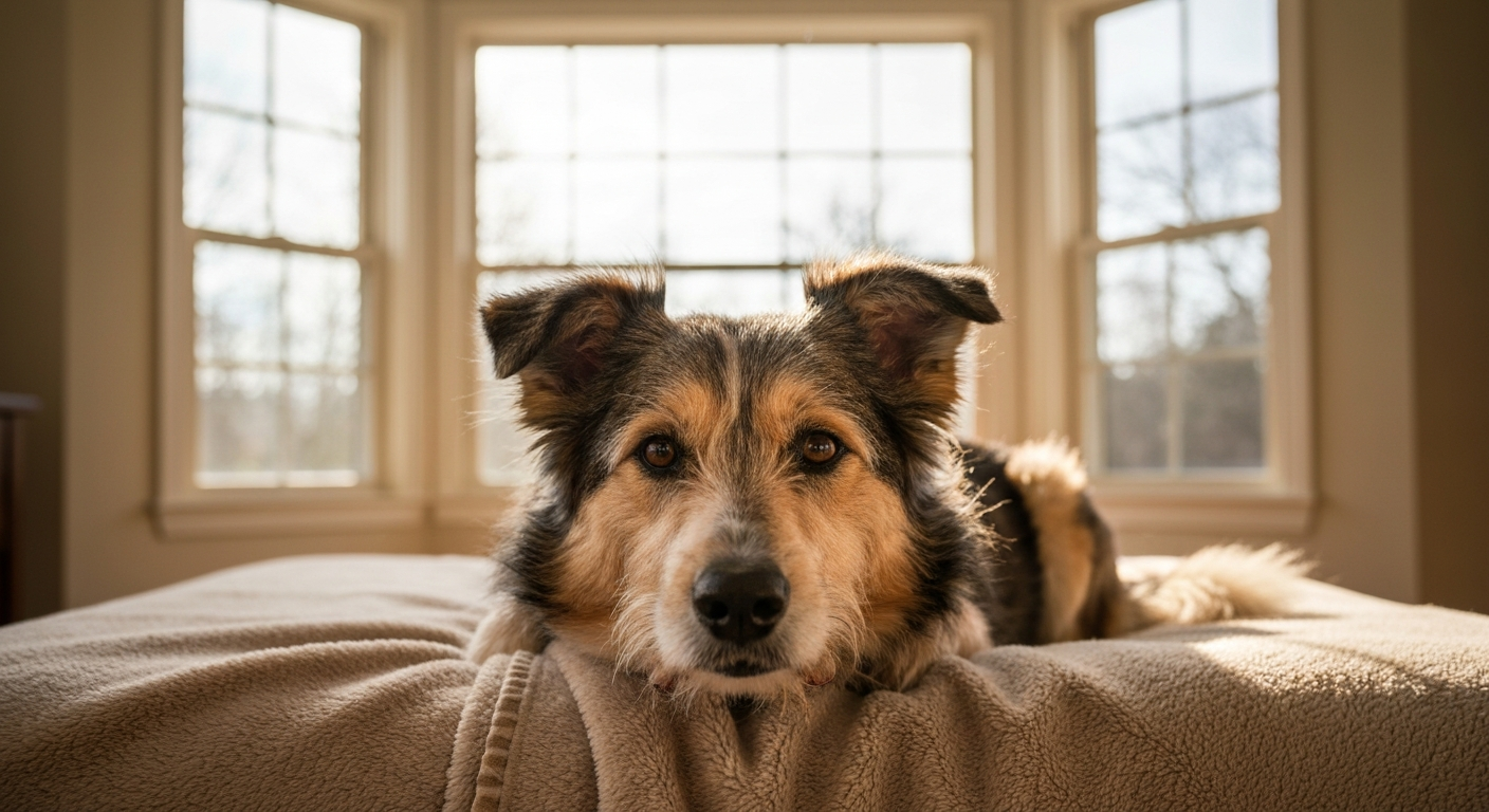 A mixed-breed rescue dog resting on a soft blanket in a sunlit home interior, calm and at ease, trusting expression, warm comfortable environment, no text