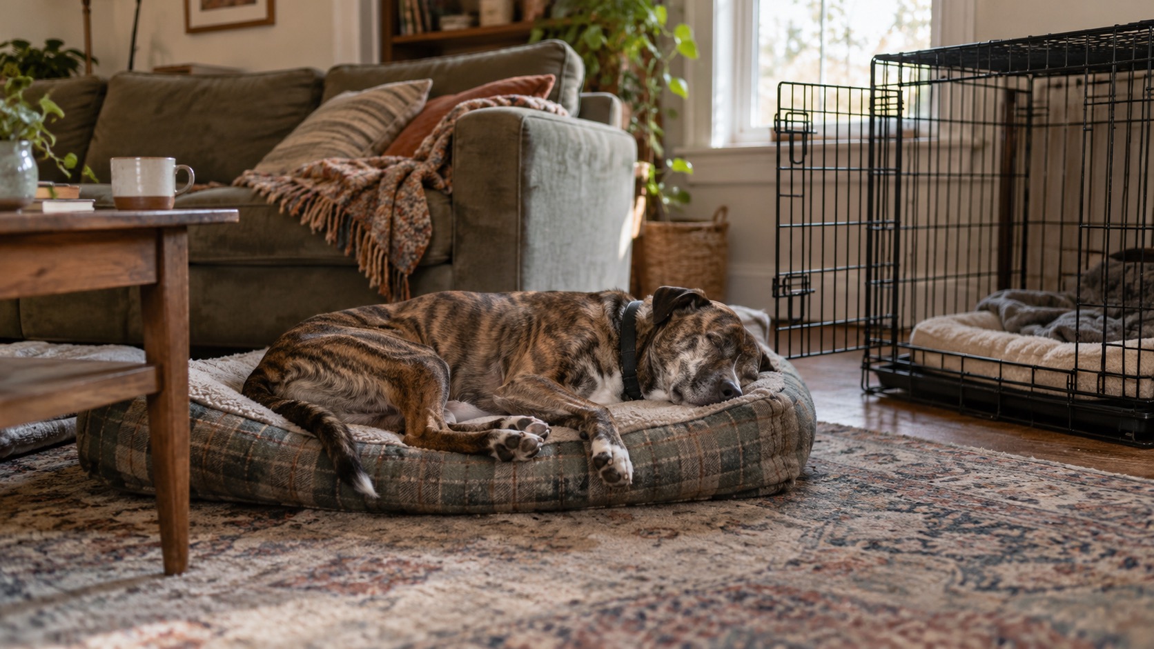A brindle mixed-breed dog asleep on a plaid dog bed beside a wire crate with its door open, in a lived-in living room with a patterned rug, a green couch, and a coffee mug on the coffee table