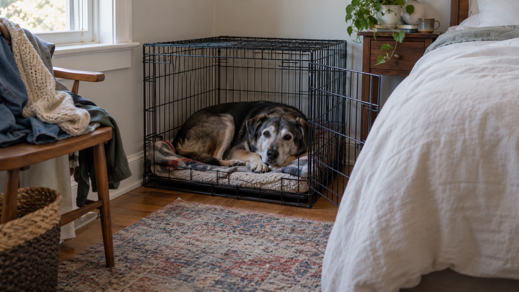 A gray-muzzled mixed-breed dog resting inside a wire crate with the door open and a folded blanket inside, in the corner of a bedroom with laundry on a chair