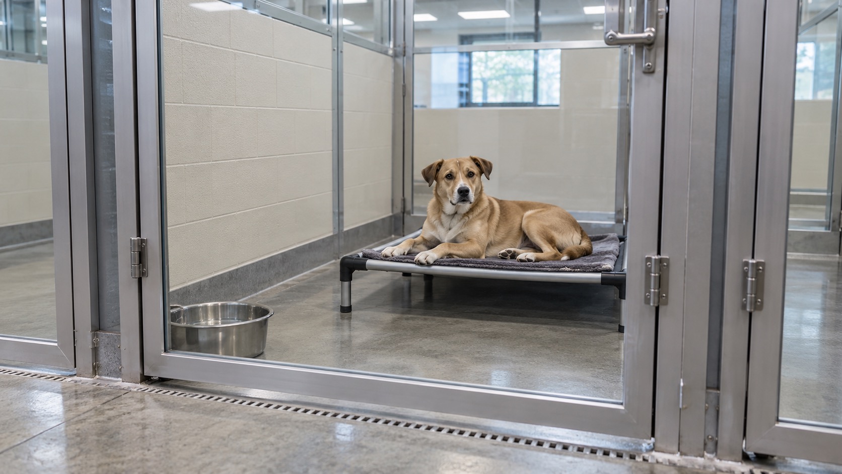 A clean commercial boarding suite with a glass door, a raised cot, and a water bowl under cool white overhead lighting, a calm tan dog lying on the cot