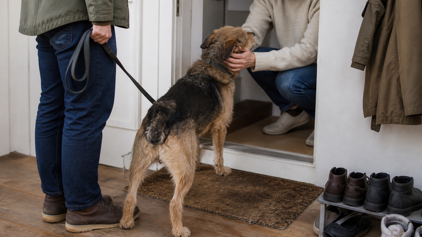 A person crouching in a doorway to greet a mixed-breed dog while its owner stands nearby holding a leash