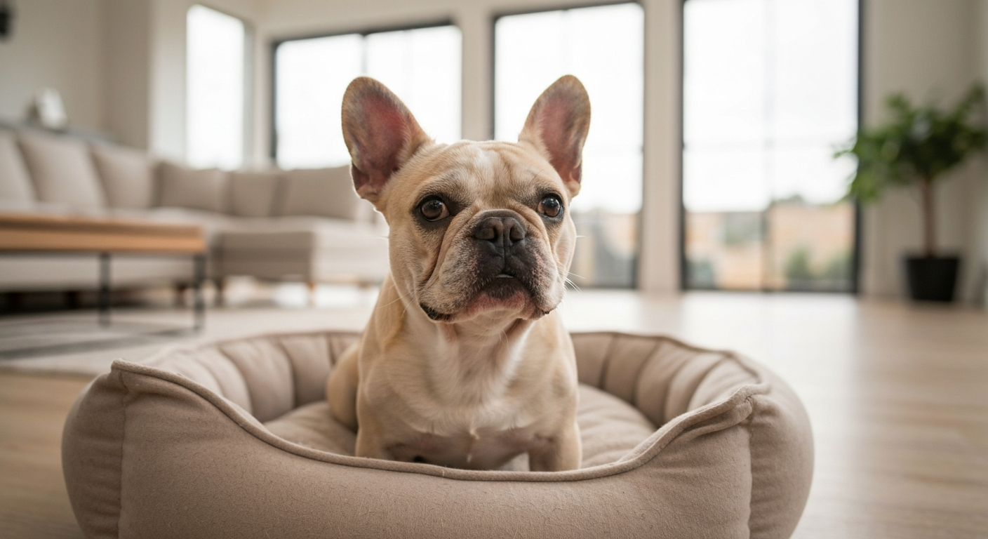 A cozy home interior with a dog bed and toys, warm natural lighting