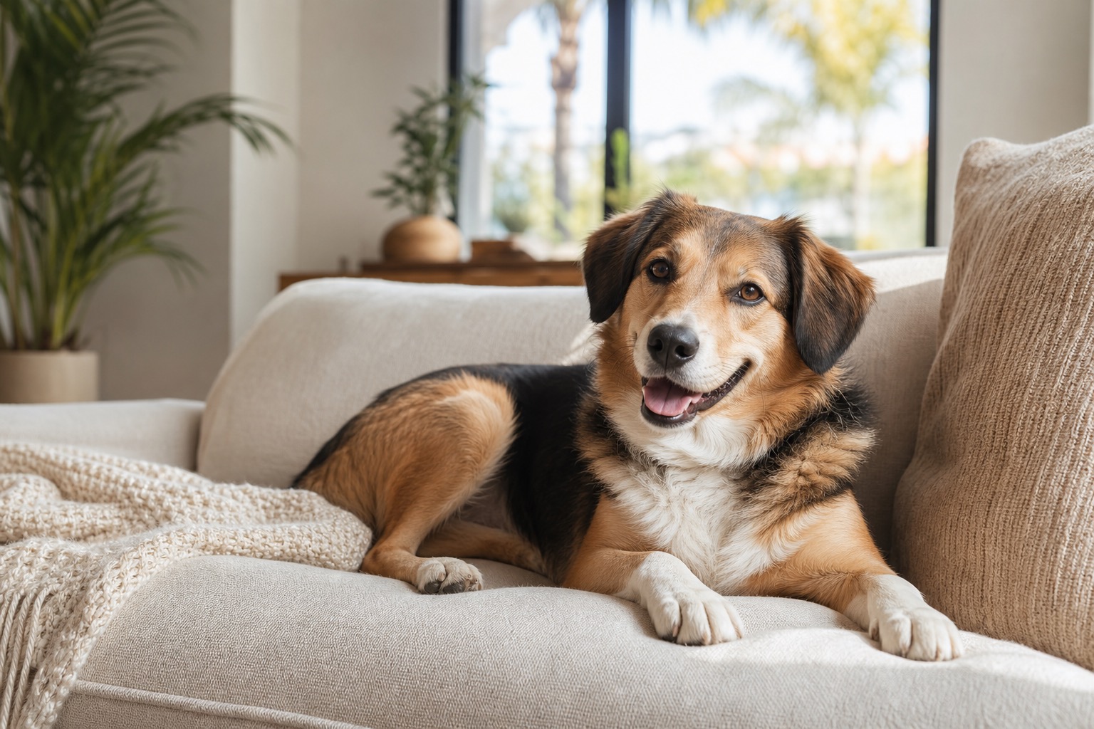 A happy dog relaxing on a couch in a bright, sunlit Santa Ana home