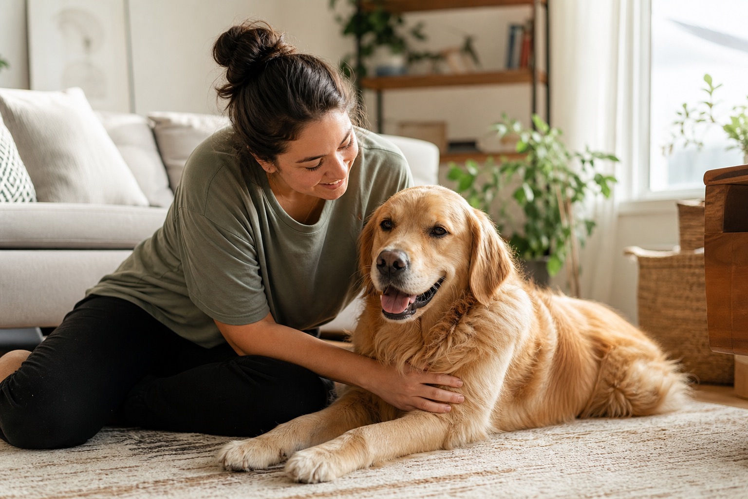 A sitter caring one-on-one for a relaxed dog in a calm, sunlit living room