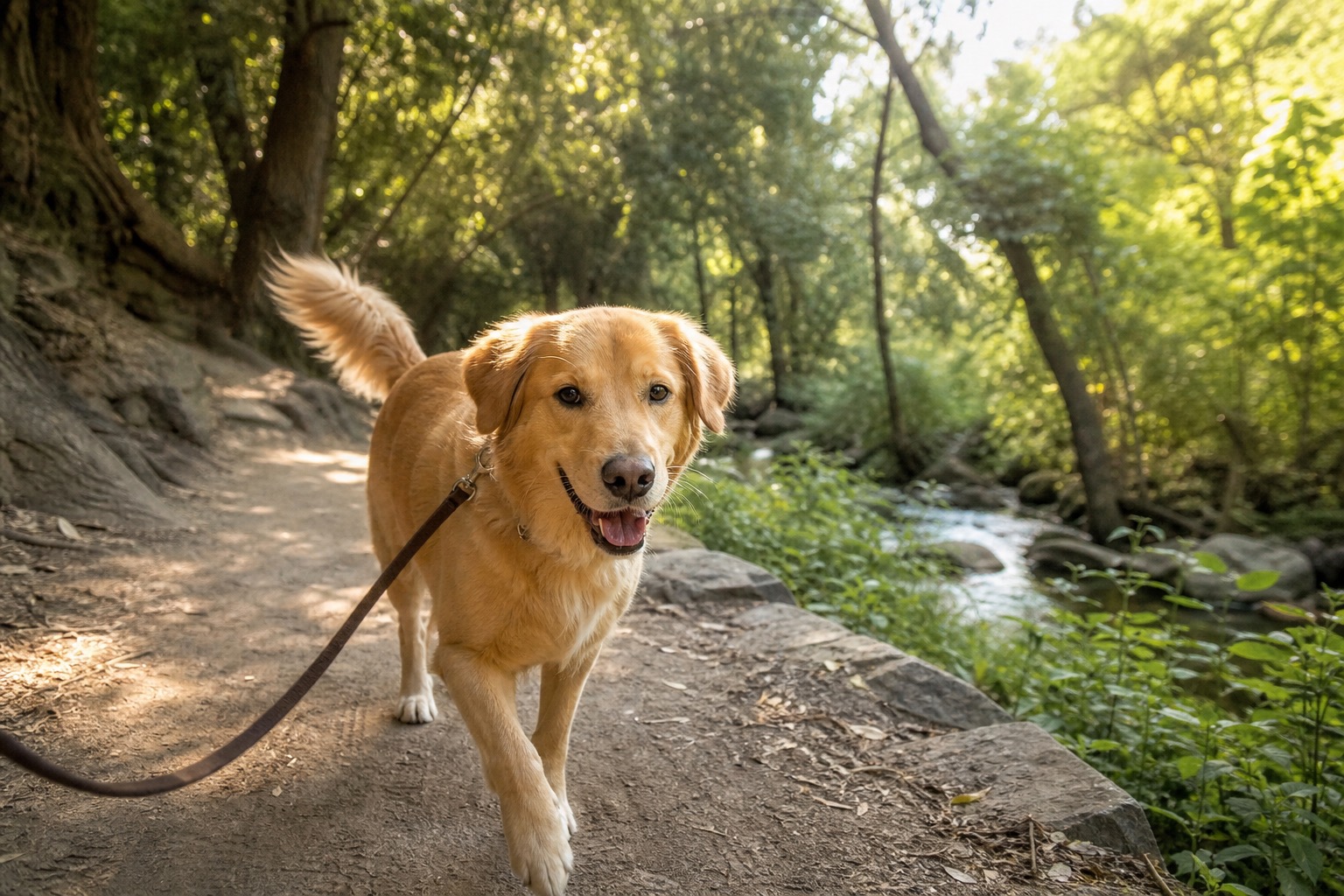 A dog exploring a shady, tree-lined creekside trail on a leash
