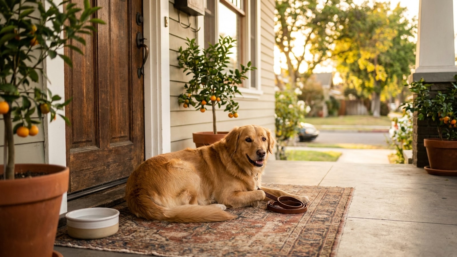 A happy dog resting on a couch in a bright, clean Tustin home during a boarding stay, photorealistic, warm lighting, professional pet photography, no text