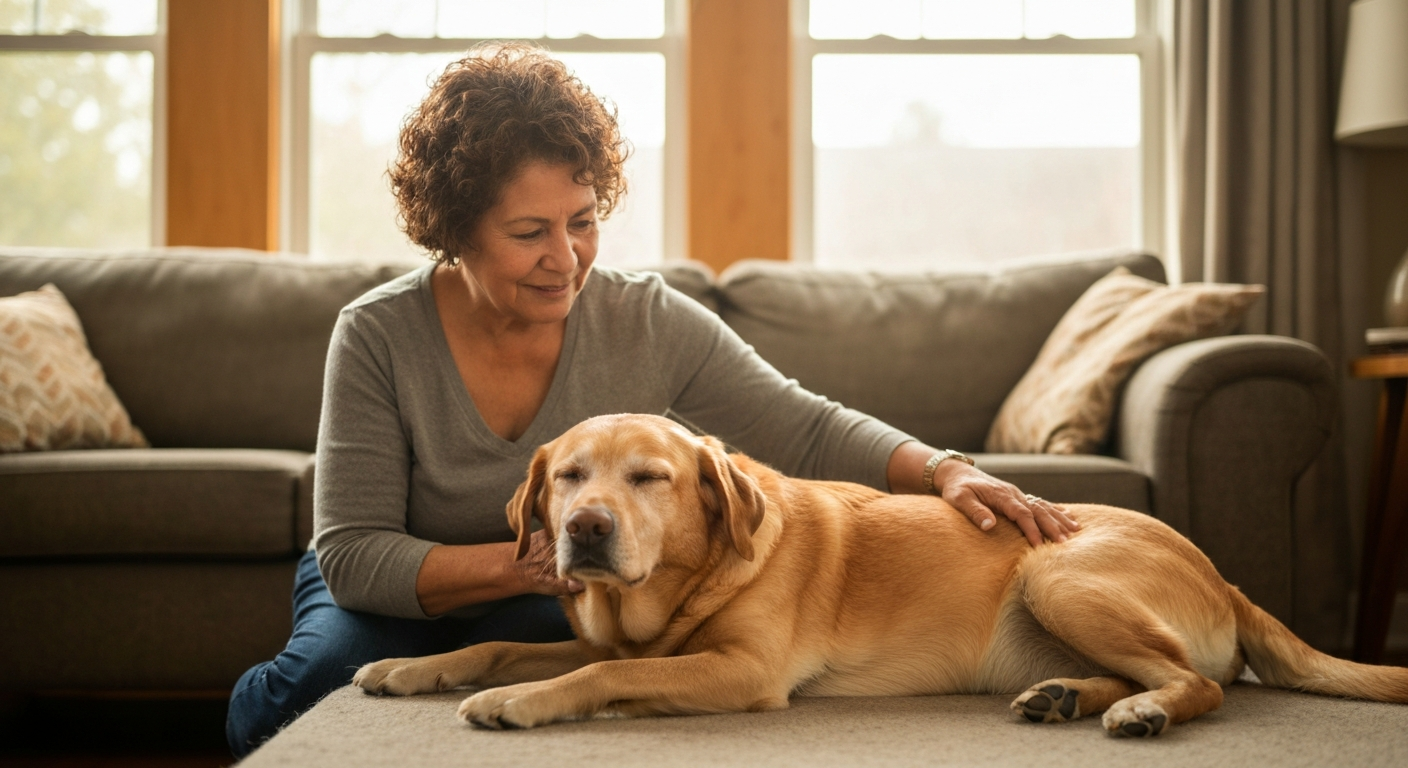 A dog being cared for one-on-one by a sitter in a calm, sunlit living room, photorealistic, warm lighting, professional pet photography, no text