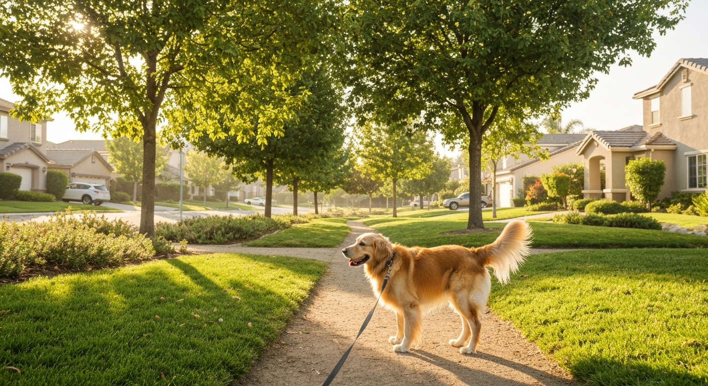 A dog on a leash walking a shaded neighborhood trail in Tustin on a sunny morning, photorealistic, warm lighting, professional pet photography, no text