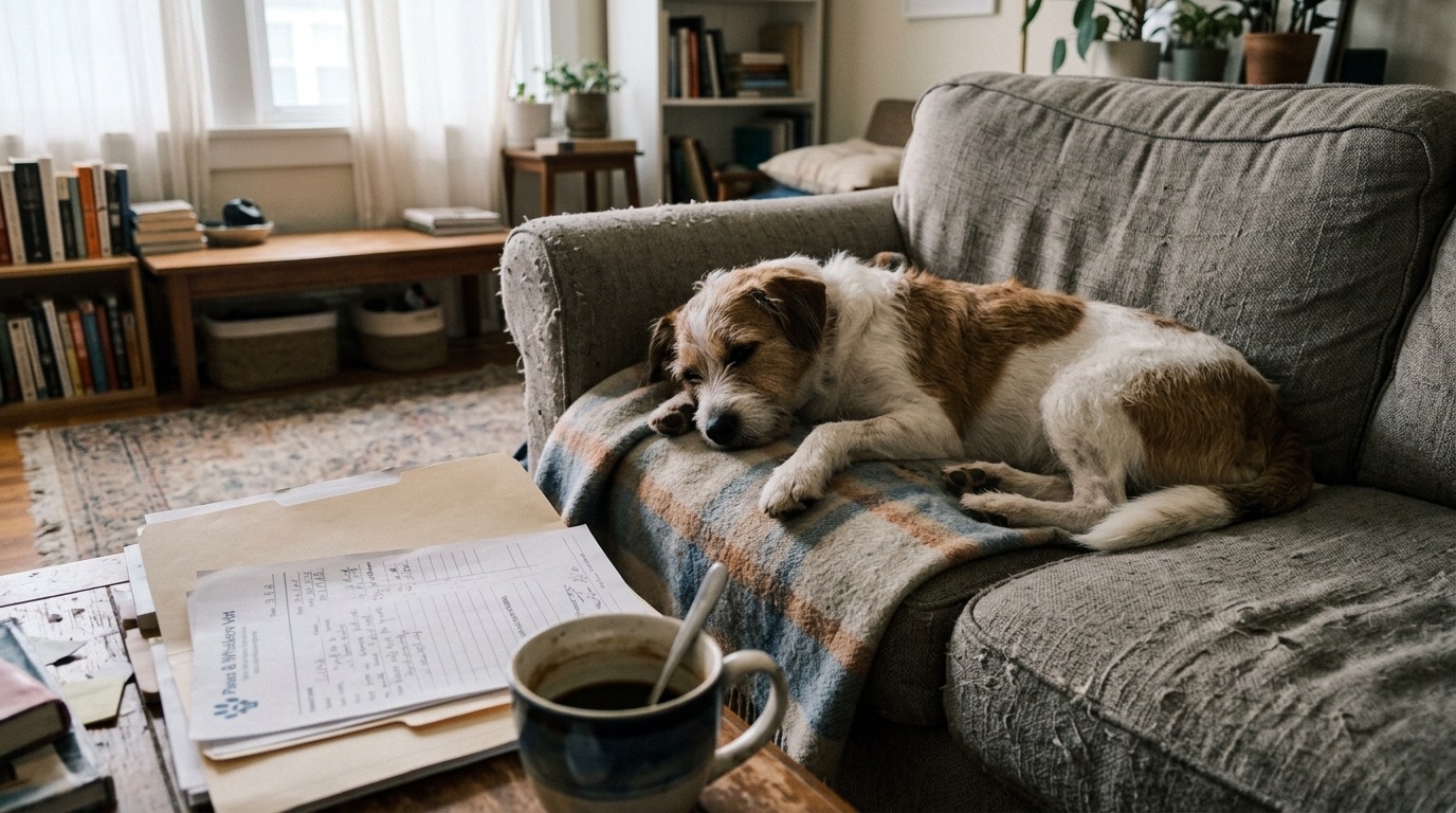 A medium brown-and-white mixed-breed dog lying on a worn couch in an ordinary living room, a manila folder of paper vet records and a coffee mug on the table in the foreground, soft daylight from a side window