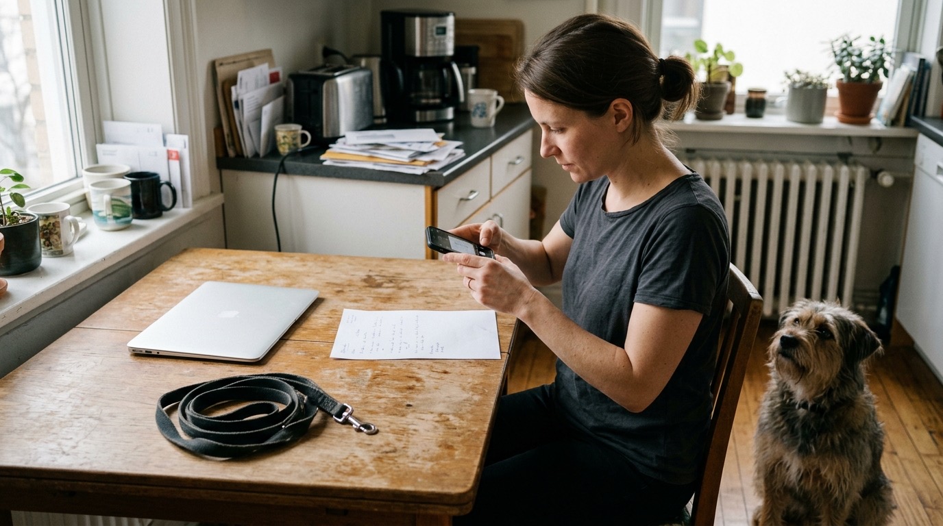A woman at a wooden kitchen table photographing a sheet of paper with her phone, a closed laptop and a coiled leash beside her, a scruffy mixed-breed dog sitting and watching from the floor by her chair, soft natural window light