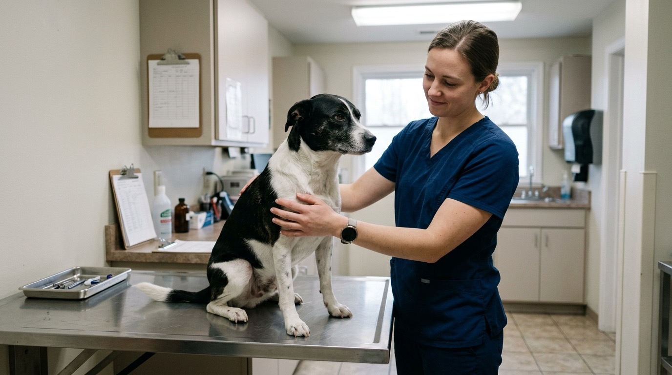 A veterinary technician in navy scrubs steadying a calm black-and-white mixed-breed dog standing on a stainless steel exam table in a plain clinic room, cool overhead light on pale walls, an instrument tray and a clipboard nearby