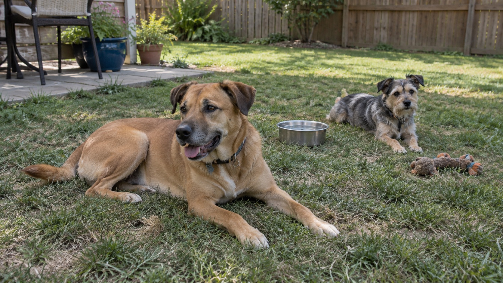 A tan mixed-breed dog and a small wiry-coated dog lying on a patchy lawn in a fenced backyard, with a steel water bowl and a plush toy between them and a patio chair in the corner