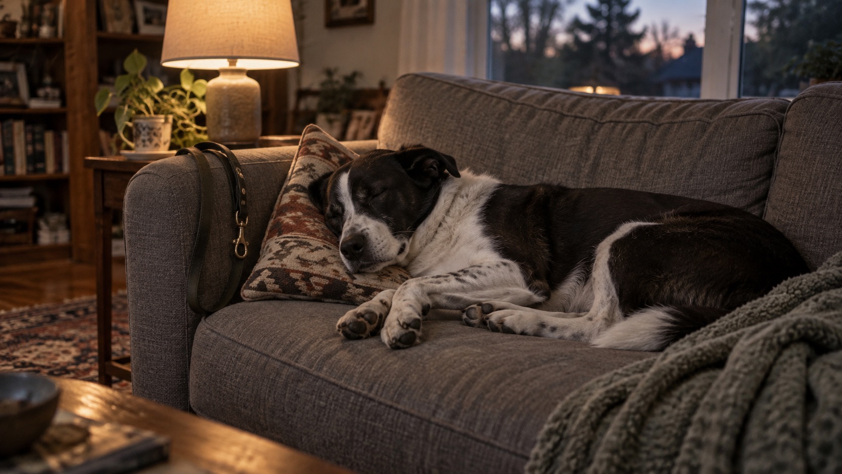 A black-and-white mixed-breed dog asleep on a gray couch with its head on a patterned pillow at dusk, a leash hanging from the armrest and a lamp lit beside it