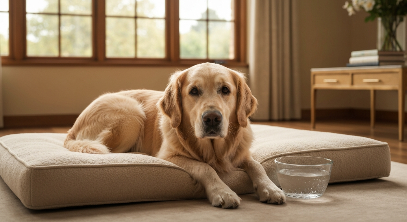A dog relaxing in a cozy home living room, summer afternoon light, content and calm with a water bowl nearby