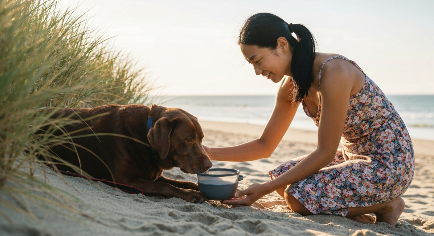 A dog drinking from a portable water bowl in the shade near the beach, owner kneeling beside it, warm protective summer scene