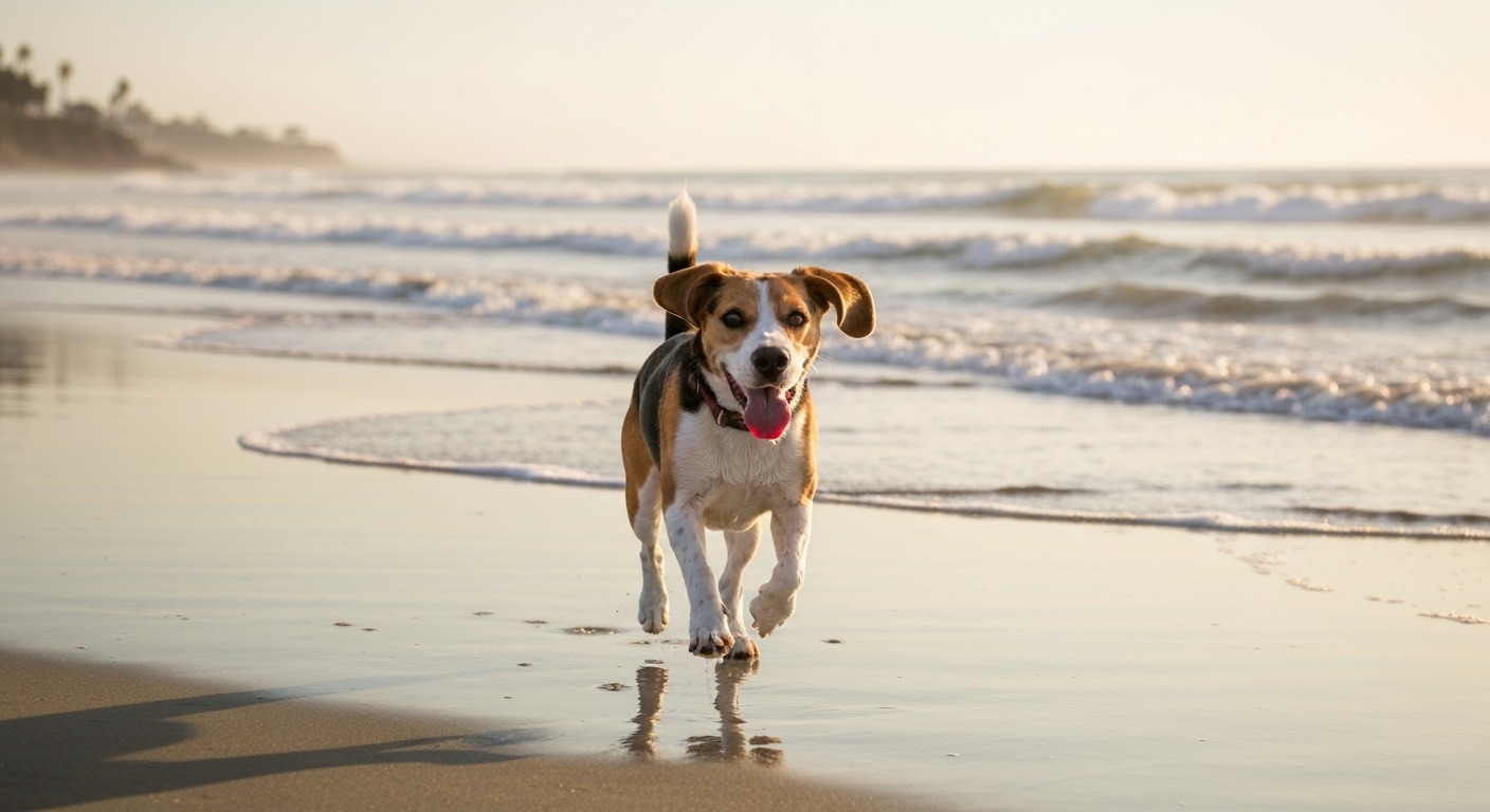 A happy dog running along the wet sand at an Orange County beach at golden hour, ocean waves in the background, warm summer light