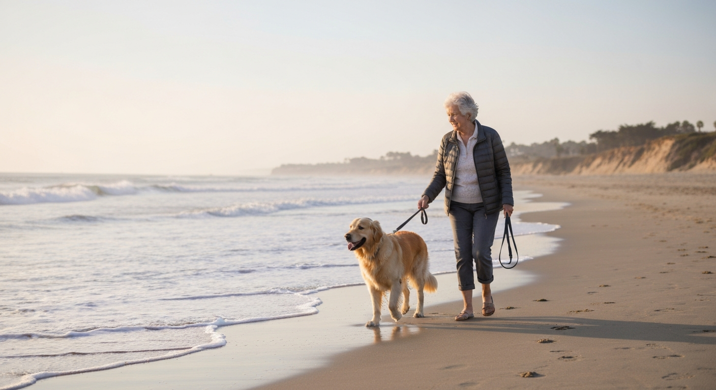 A leashed dog and its owner walking along a calm Orange County shoreline early in the morning, soft light, peaceful and uncrowded