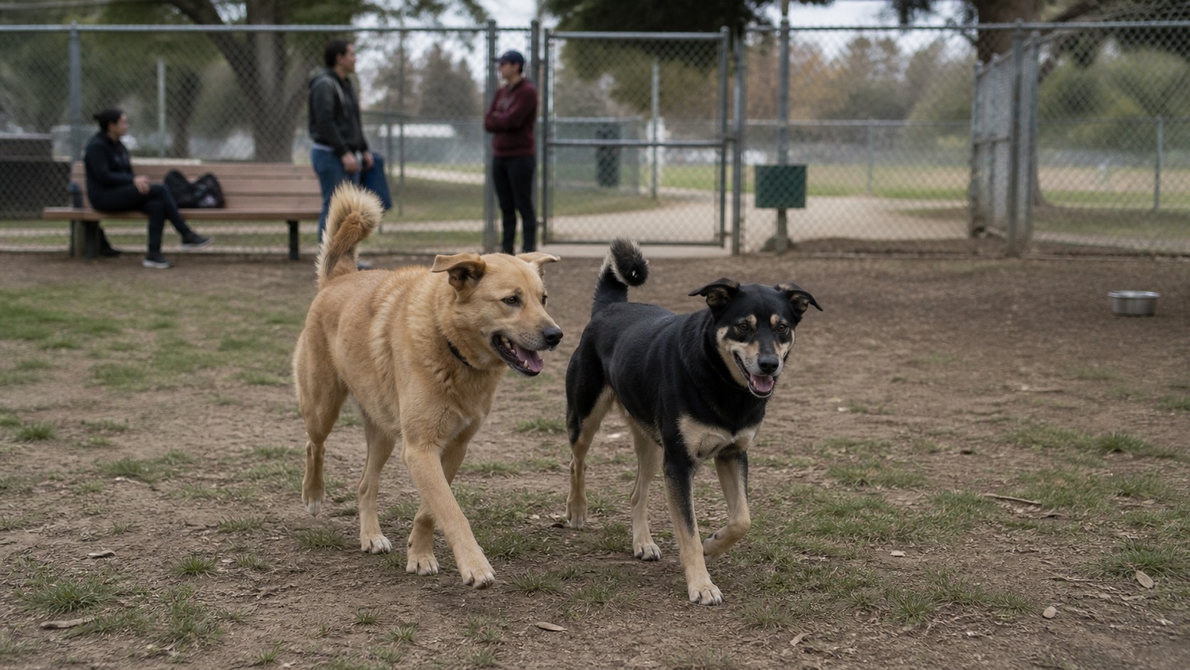 A tan mixed-breed dog and a black-and-tan mixed-breed dog trotting side by side across worn dirt and patchy grass inside a chain-link fenced dog park, a metal water bowl nearby and a few owners by a bench and the double gate in the background under overcast light
