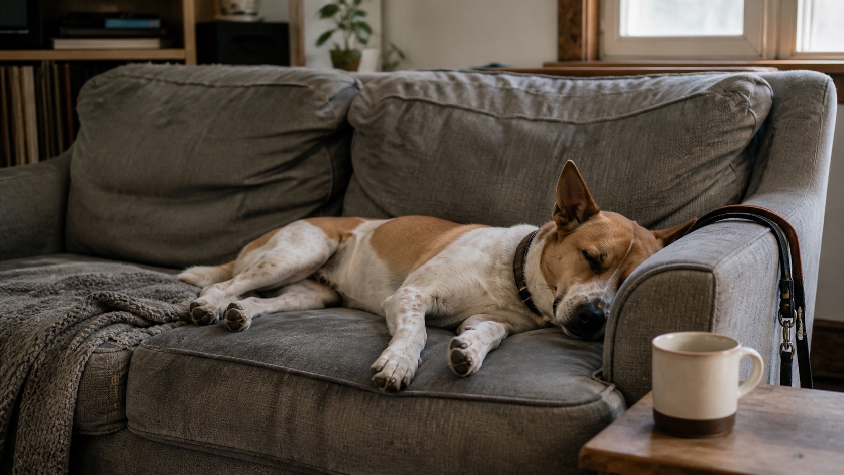 A brown-and-white mixed-breed dog stretched out asleep on a worn grey couch in a lived-in living room, a rumpled throw blanket half off the cushion and a leash draped over the armrest in soft afternoon window light