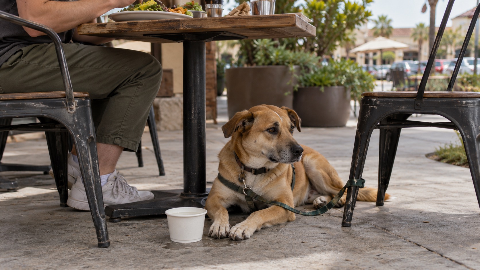 A tan mixed-breed dog lying on the concrete under a patio table at a casual restaurant, leash looped around a chair leg and a paper cup of water beside its paws, in soft overcast daylight