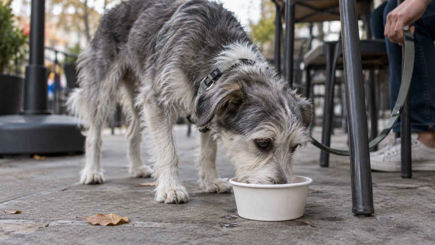 A scruffy grey-and-white mixed-breed dog drinking from a disposable paper bowl on a patio floor beside a table leg, a fallen leaf nearby and a person's hand holding a slack leash at the edge of the frame