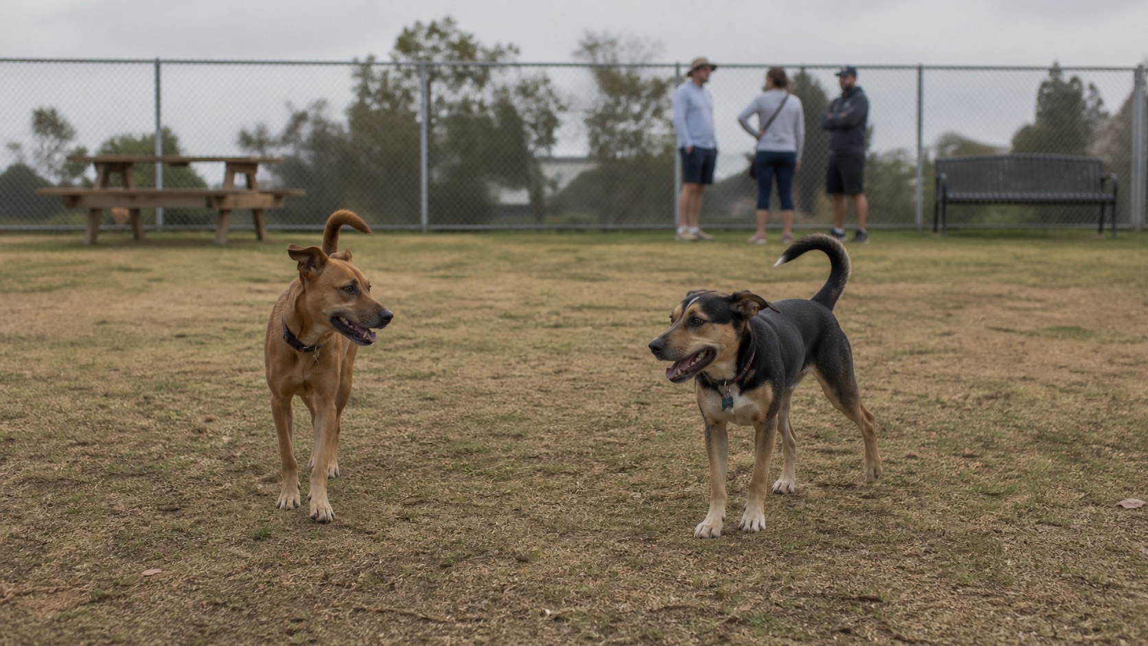Two mixed-breed dogs standing alert and facing each other on patchy dry grass inside a chain-link fenced off-leash dog park, with a wooden picnic table and three owners chatting in the background under overcast light