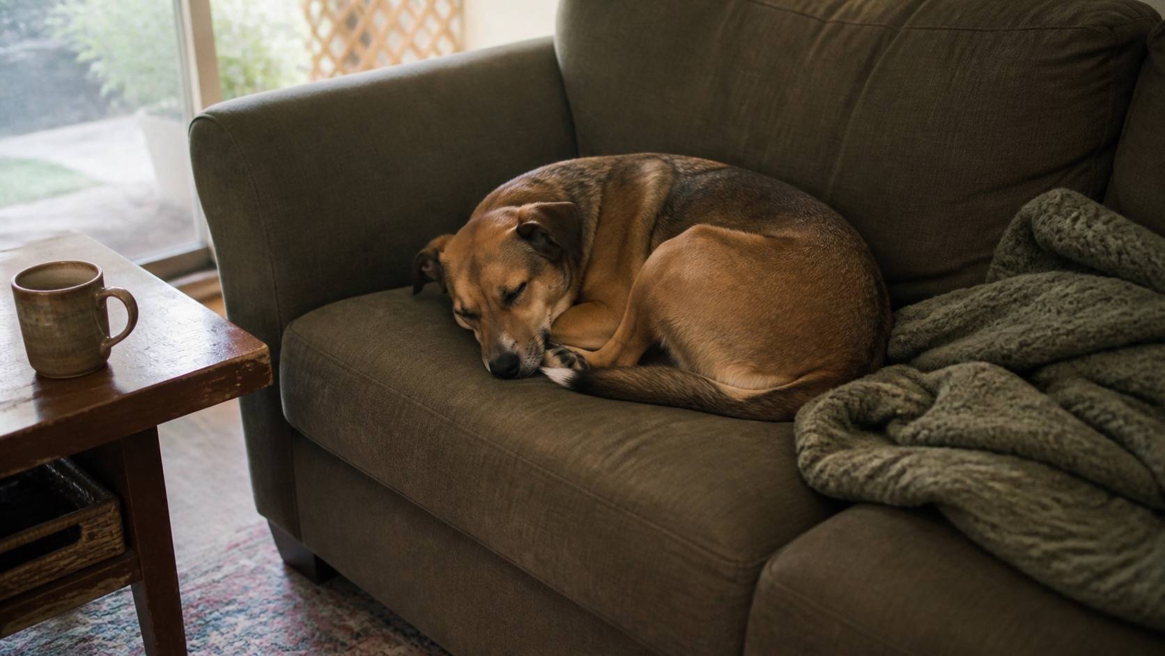 A tan mixed-breed dog asleep curled up on a worn olive-green couch in a lived-in living room, a rumpled knitted throw beside it and a coffee mug on a scuffed side table in soft afternoon window light
