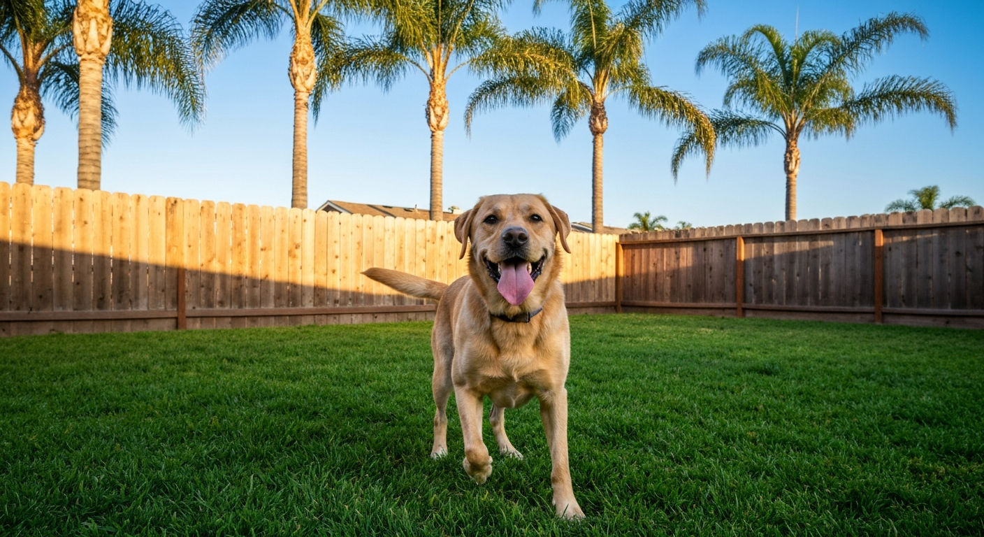 A happy dog playing in a sunny fenced residential backyard in Orange County
