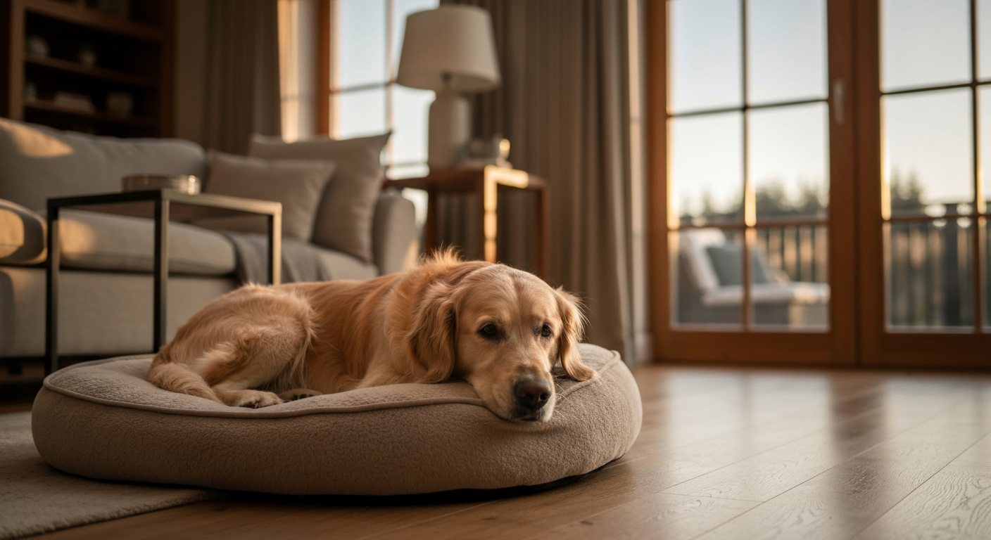A dog resting comfortably in a sunlit home with warm decor and cozy interior