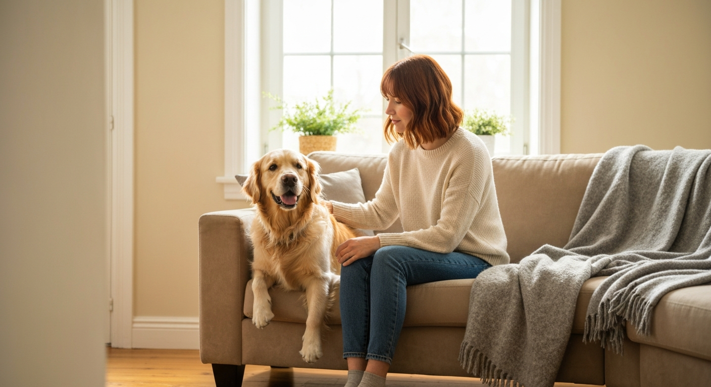 A sitter sitting calmly with a dog resting beside her on a comfortable couch in a warm home