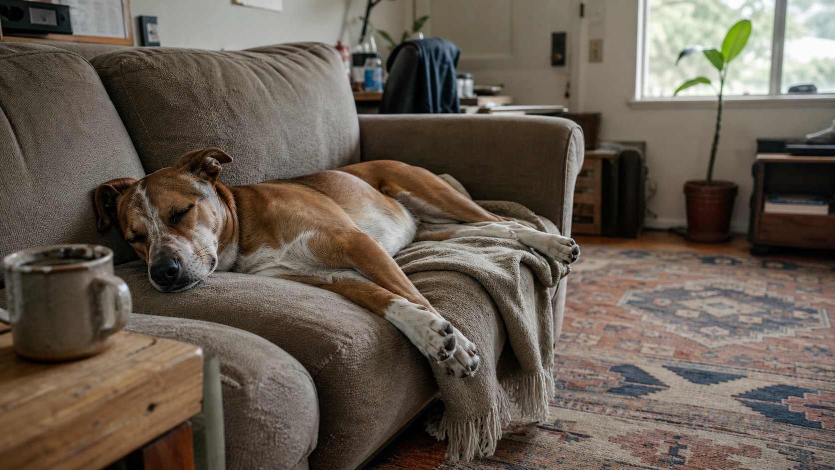 A mixed-breed dog dozing on a worn couch in a lived-in Orange County living room, lit by soft daylight through a window