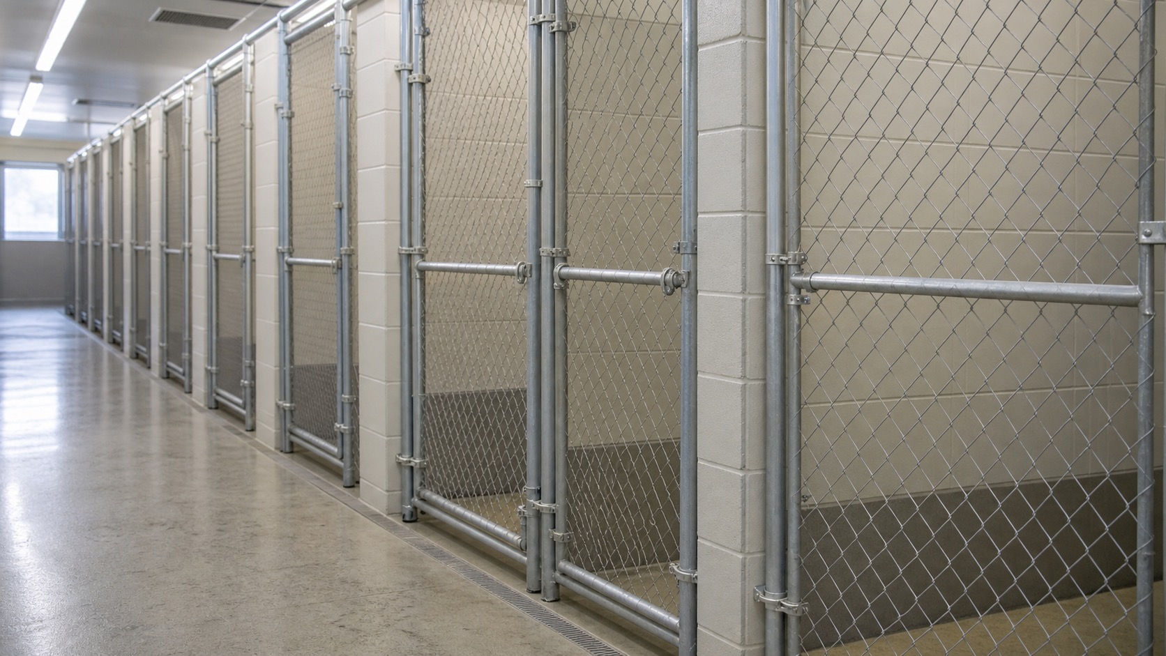 A row of clean, empty concrete kennel runs behind galvanized chain-link, lit by cool overhead fluorescent light