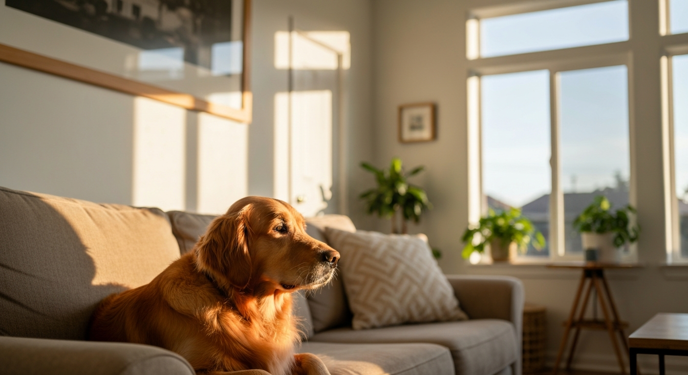A happy dog resting comfortably in a sunlit Irvine home