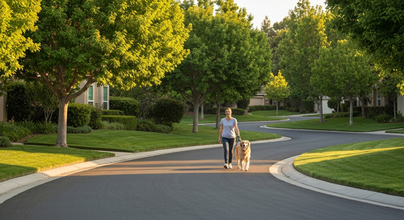 A dog enjoying a walk along a quiet Irvine residential path
