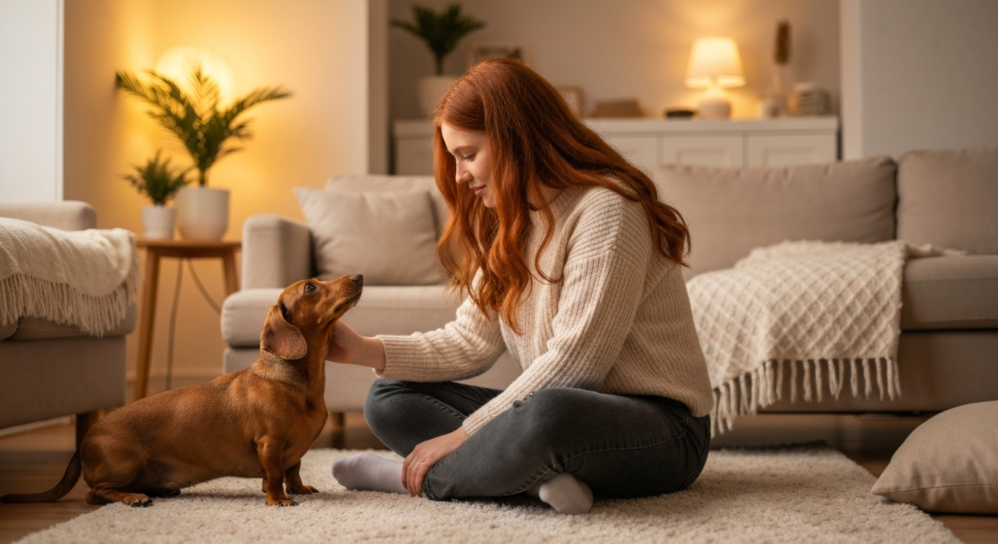 A dog sitter giving calm, individual attention to a dog in a cozy Irvine home