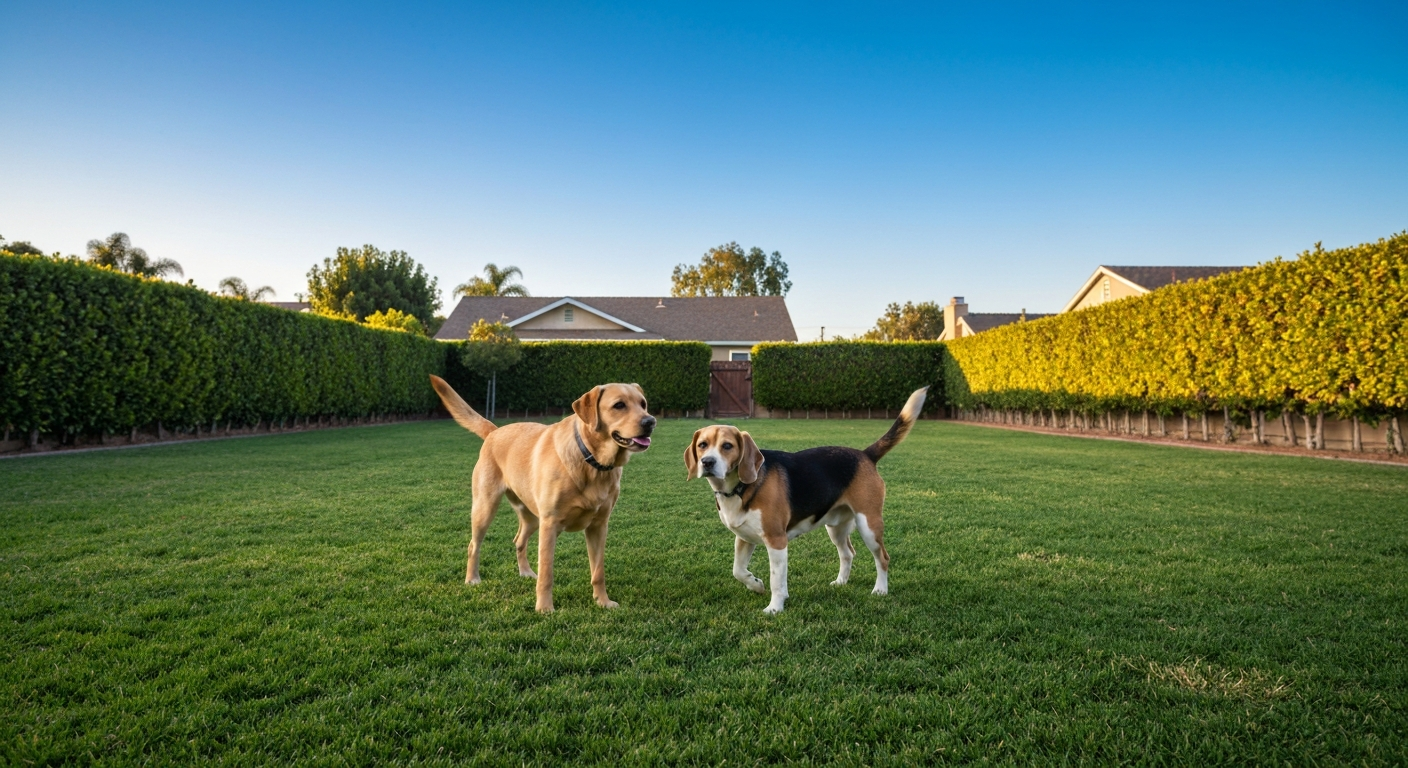 A small group of two dogs playing calmly in a fenced backyard in Southern California with a clear blue sky, golden hour lighting