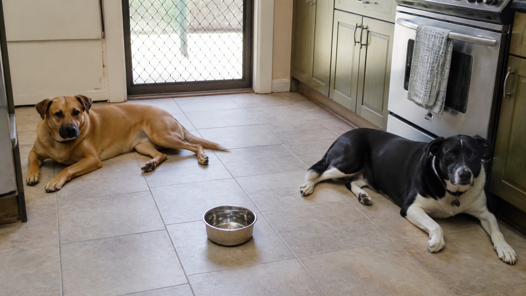 Two mixed-breed dogs resting a few feet apart on a tiled kitchen floor beside a water bowl in an ordinary suburban home, midday light through a screen door