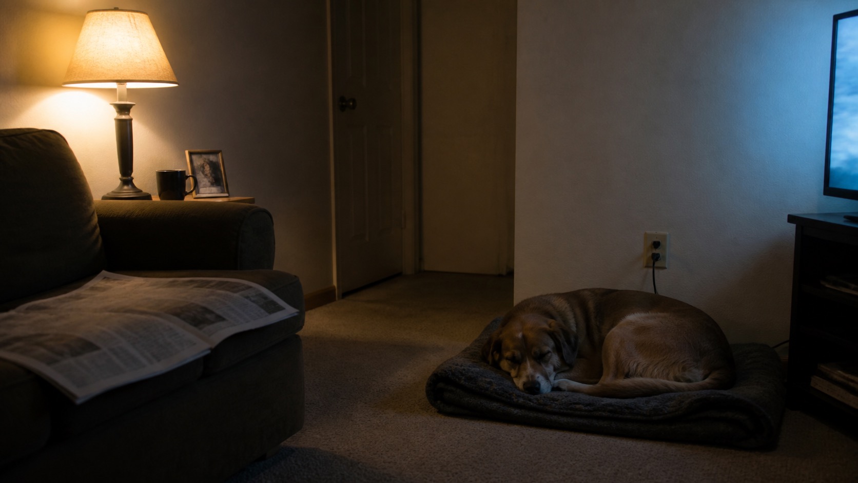 A dog curled on a folded blanket in the corner of a lamp-lit living room in the evening, television glow on one wall, an unfolded newspaper on the couch