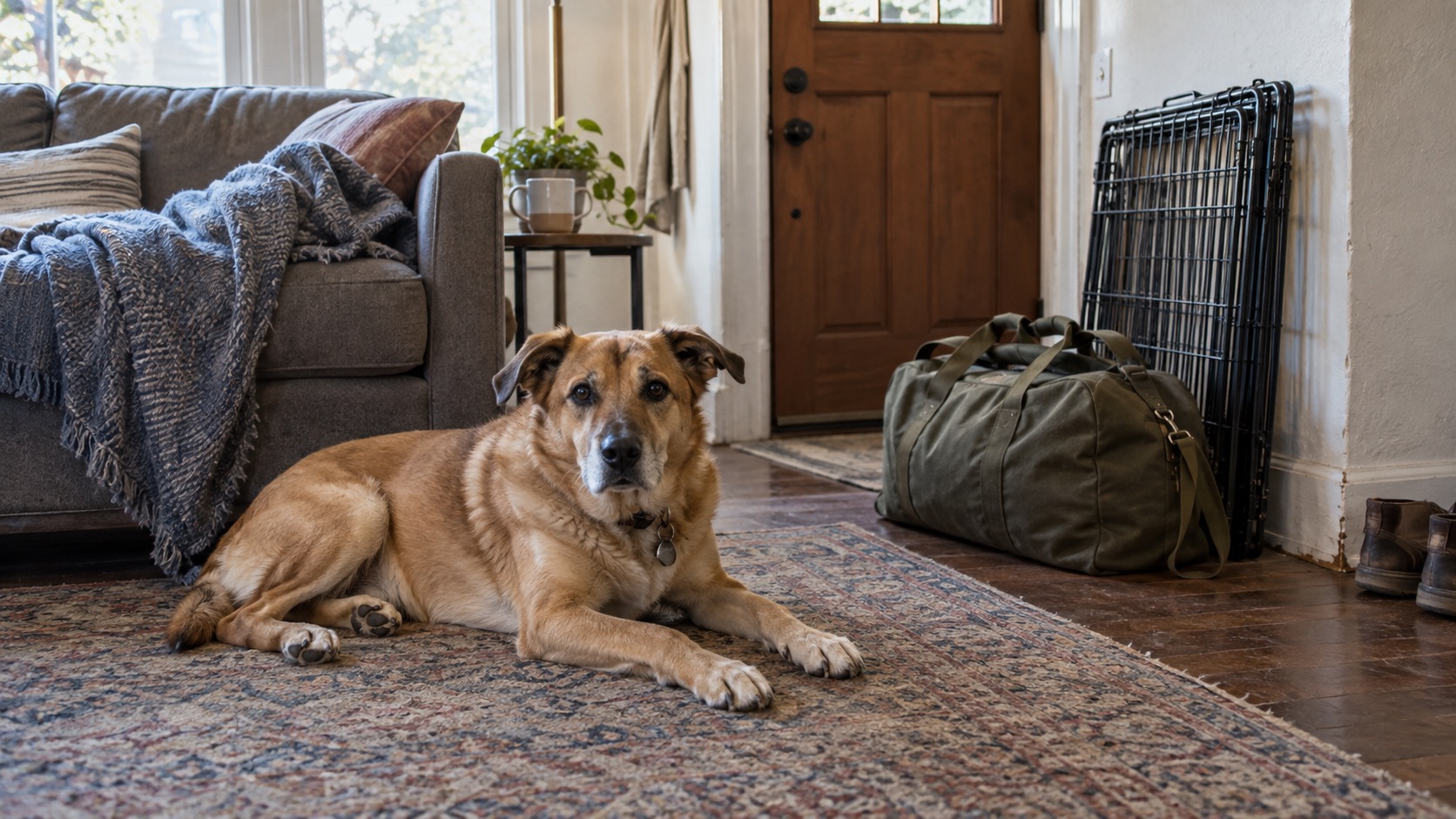 A tan mixed-breed dog lying on a patterned area rug in a lived-in living room, with an olive canvas duffel bag and a folded wire crate propped against the wall beside the front door