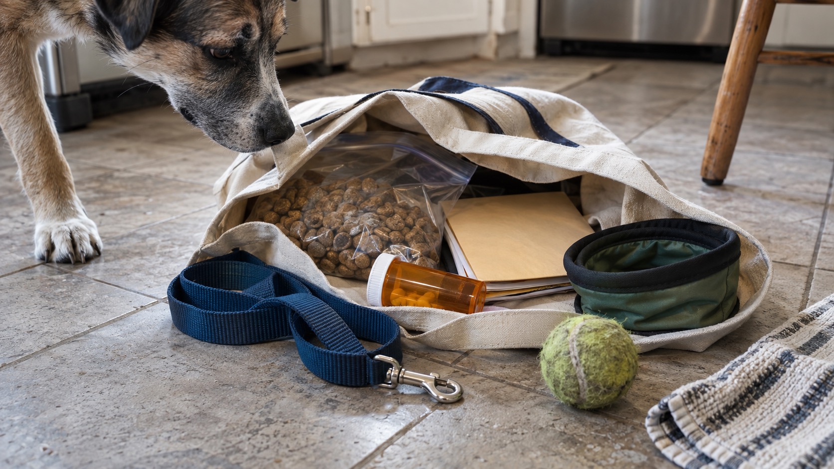 A cream canvas tote spilled open on a kitchen tile floor holding a sealed bag of kibble, a manila envelope of papers, an amber pill bottle and a green collapsible bowl, with a navy leash and a tennis ball beside it and a dog leaning in to sniff