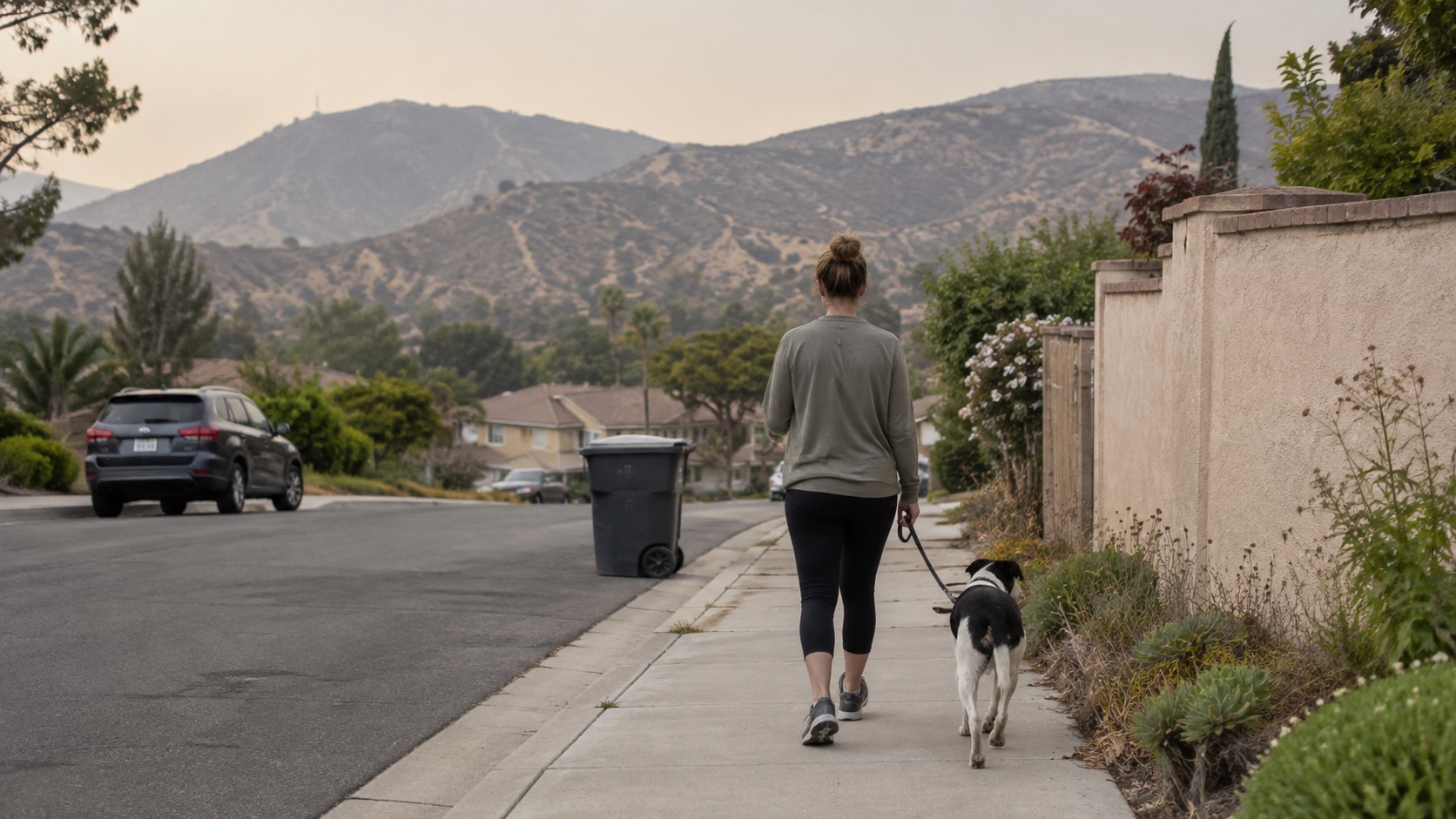 A woman seen from behind walking a black-and-white mixed-breed dog on a leash along a suburban sidewalk, with dry brown foothills and a hazy pale sky behind the rooftops