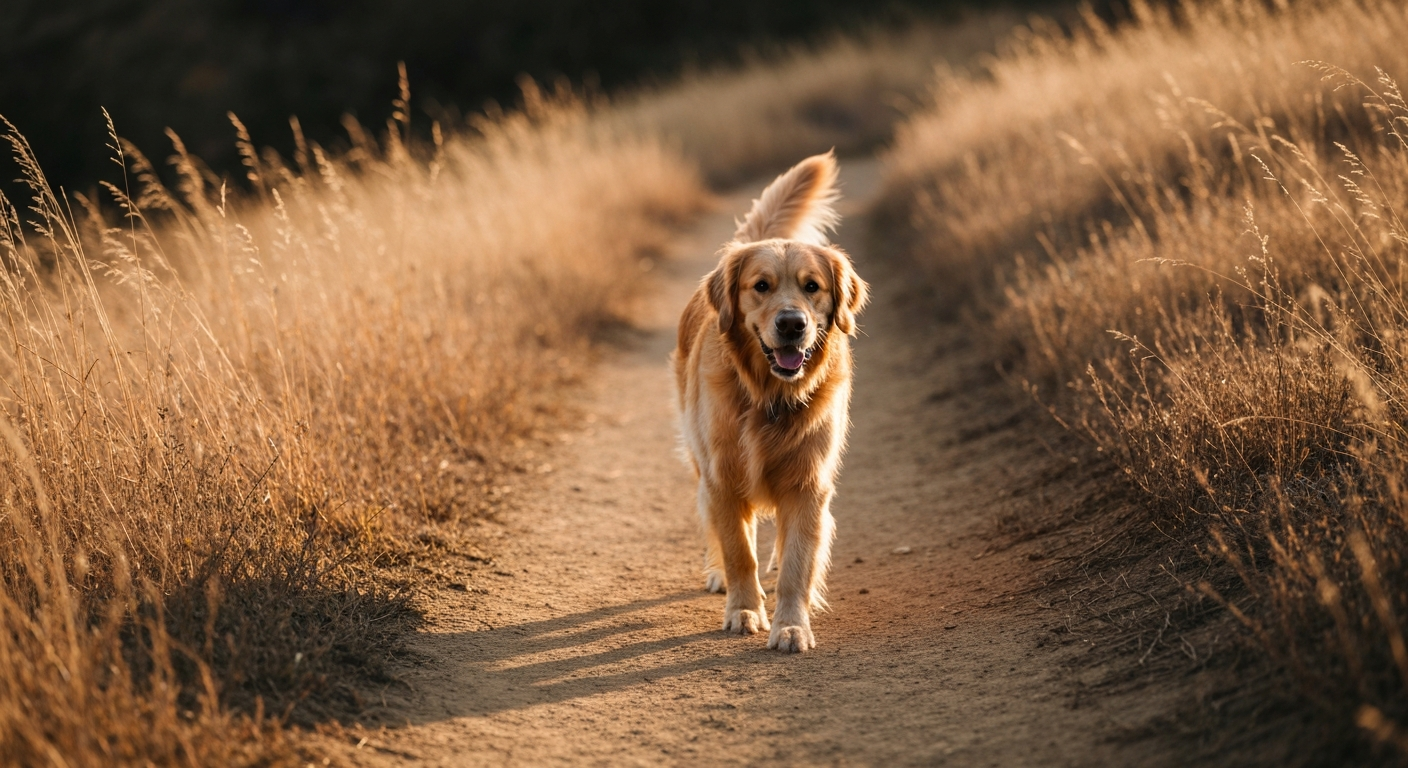 A golden retriever walking through a dry grassy field in Orange County